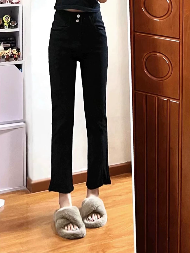 Quần jean ống đứng dáng lê dành cho nữ, size lớn mùa đông, lót lông cừu, cạp cao, che hông, tôn dáng, quần ống đứng co giãn