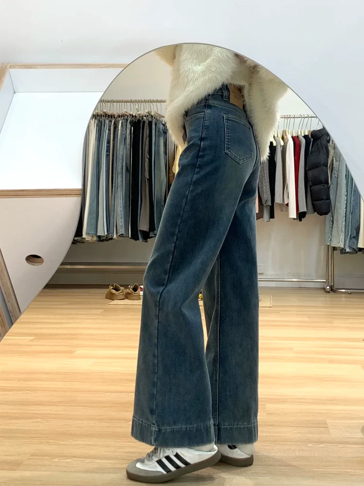 Quần jeans xanh vintage dáng loe nữ thu đông 2025, size lớn, cạp cao, rộng rãi, tôn dáng, ống đứng, kiểu chuông