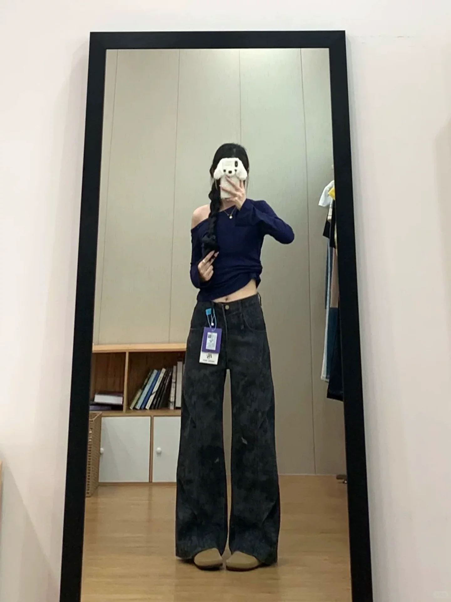 Quần jean ống rộng in họa tiết đen và xám dành cho nữ, mùa thu đông, lót lông cừu, cỡ lớn, cạp cao, dáng suôn, quần ống thẳng dáng rộng.