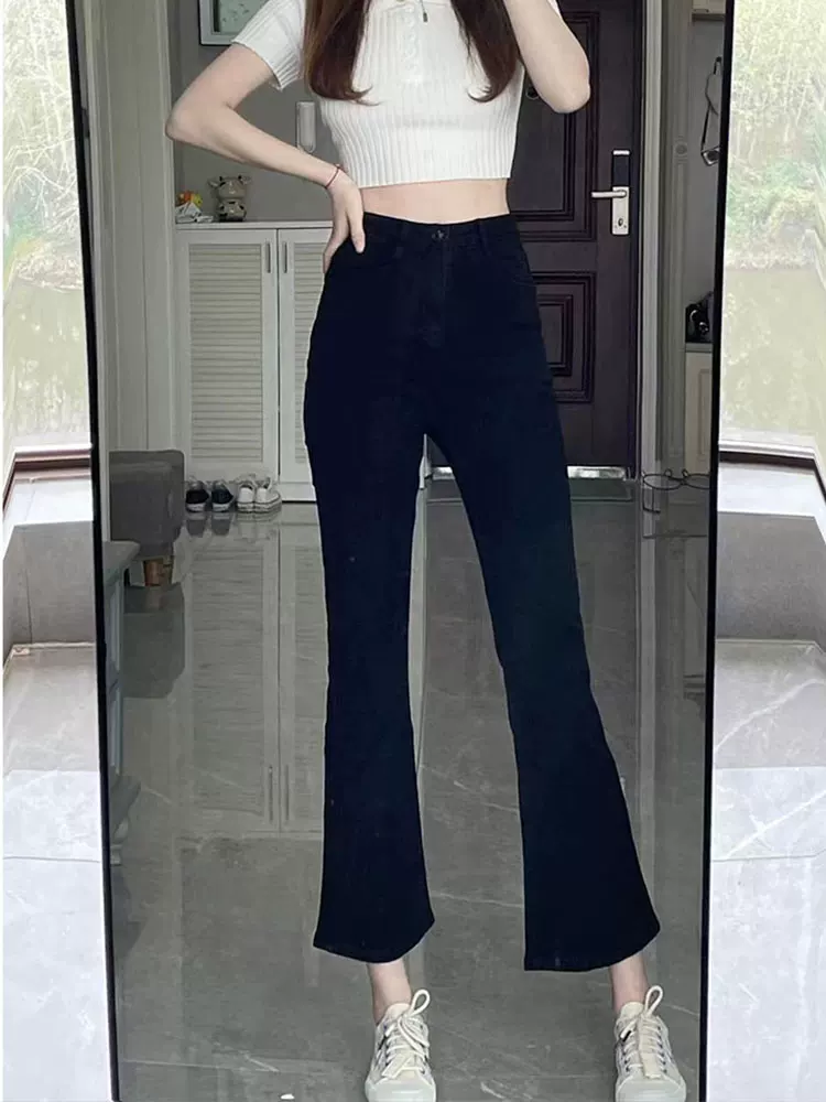 Quần jean dáng quả lê, kiểu mới đầu xuân, cỡ lớn, cạp cao, che hông, tôn dáng, co giãn, ống thẳng chín phần, hơi loe