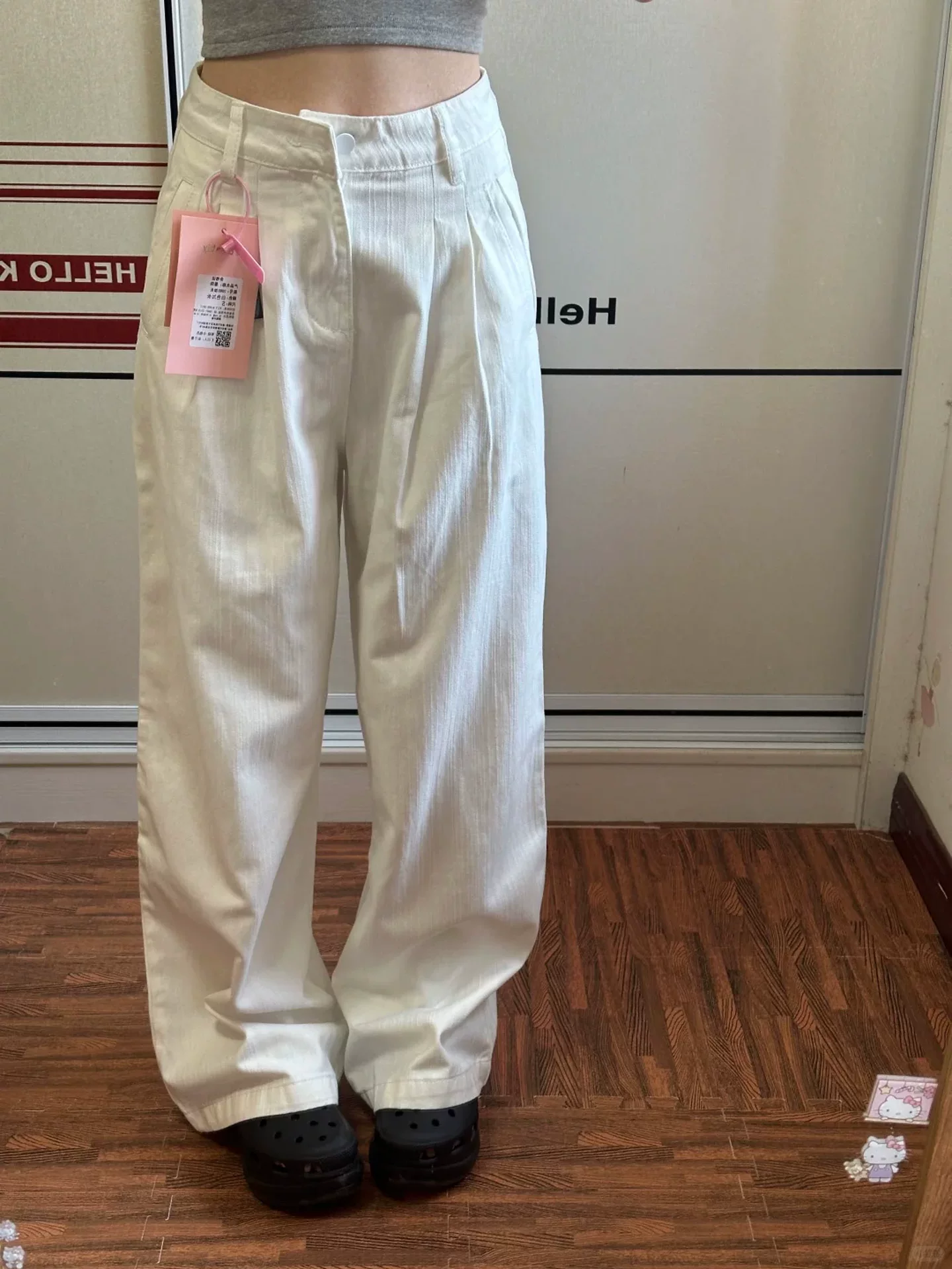 Quần jean ống rộng màu trắng có họa tiết dành cho nữ, phong cách đầu thu, cỡ lớn, lưng cao, dáng rộng, che hông, giảm béo, quần ống thẳng