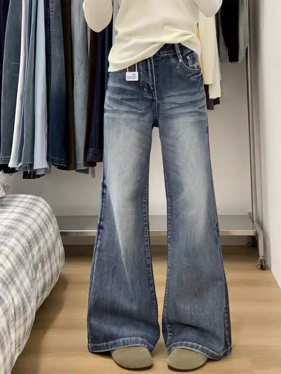 Quần jean ống loe kiểu Mỹ dành cho nữ, bộ sưu tập mùa xuân mới, cỡ lớn, lưng cao, dáng rộng, thon gọn, ống chuông, ống thẳng, quần dài chạm sàn