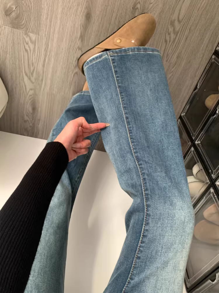 Quần jean xanh vintage dáng loe nữ, kiểu mới thu đông 2025, size lớn, cạp cao, co giãn, tôn dáng, quần chuông dáng móng ngựa.