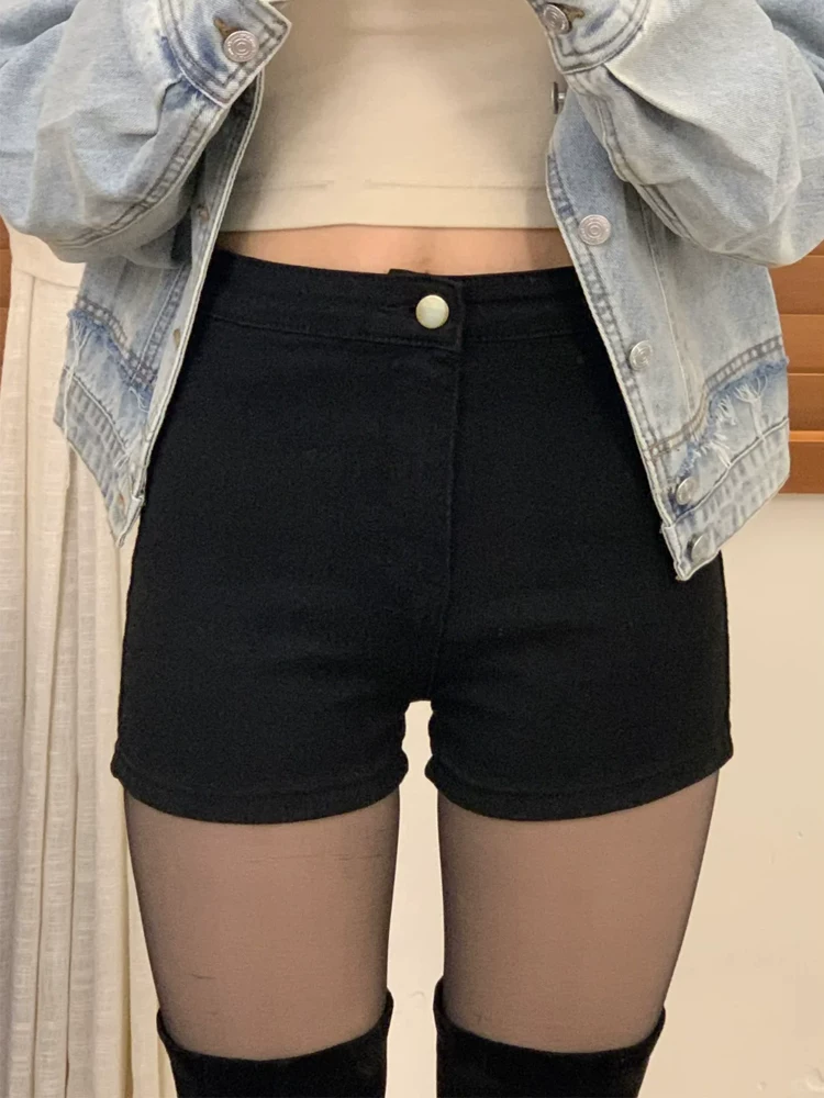 Quần short denim đen cho nữ, cỡ lớn mùa hè, lưng cao, co giãn, che hông, giảm béo, dáng quả lê, quần chữ A