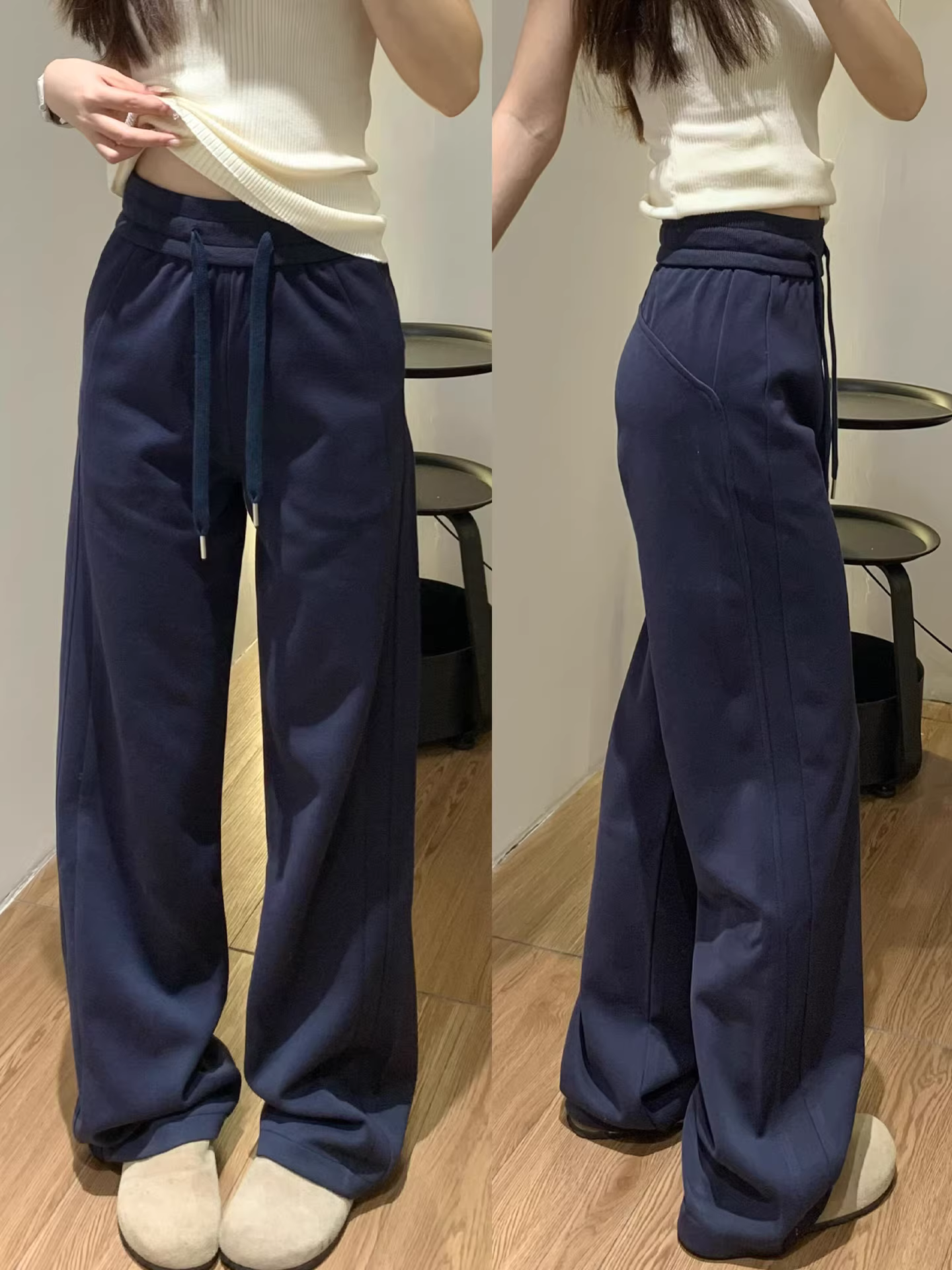 Quần ống rộng cạp cao màu xanh hải quân dành cho nữ, phong cách mùa thu 2025, cỡ lớn, dáng quả lê, quần thể thao thông thường