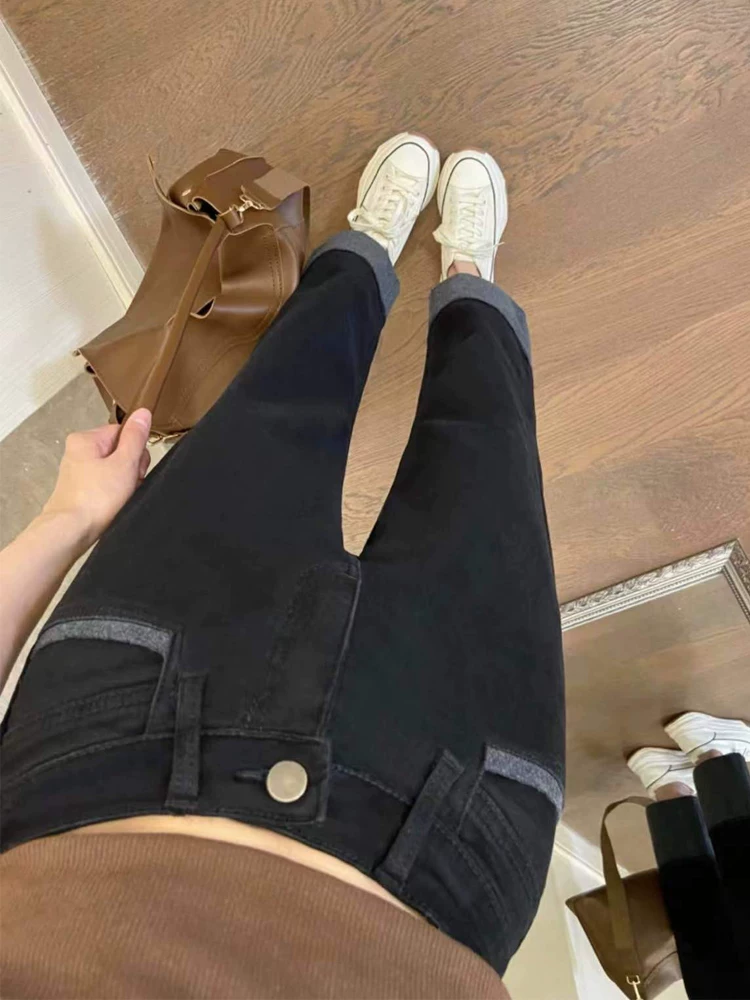 Quần jean ống đứng viền lượn sóng dành cho nữ, mùa thu, cỡ lớn, lưng cao, co giãn, che hông, giảm béo, dáng quả lê, quần ống thuốc lá, dài ngang mắt cá chân.