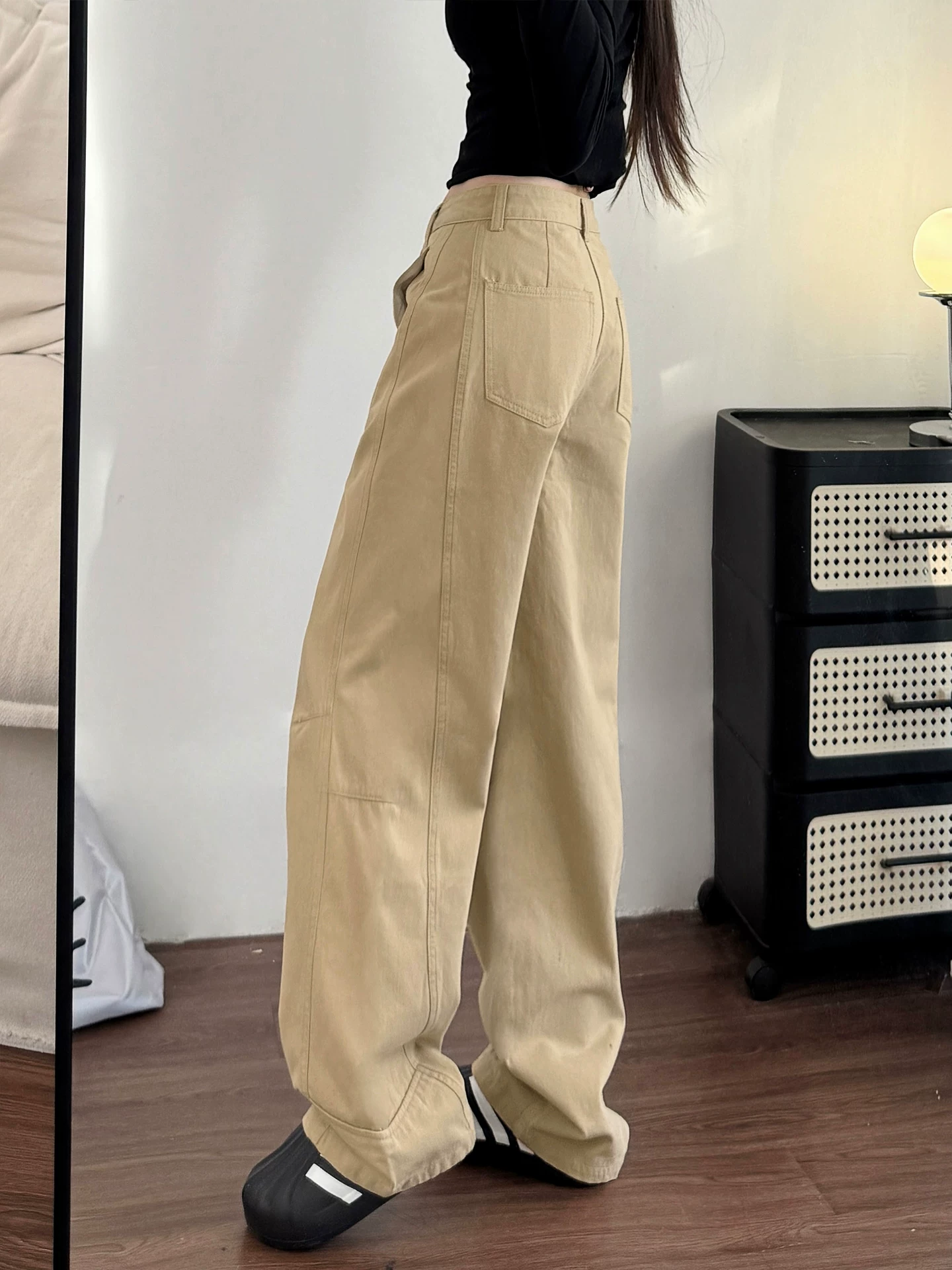 Quần jean ống rộng màu kaki cho nữ, kiểu dáng mùa thu mới, cỡ lớn, lưng cao, dáng rộng, dáng thon gọn, dáng quả lê, quần ống thẳng