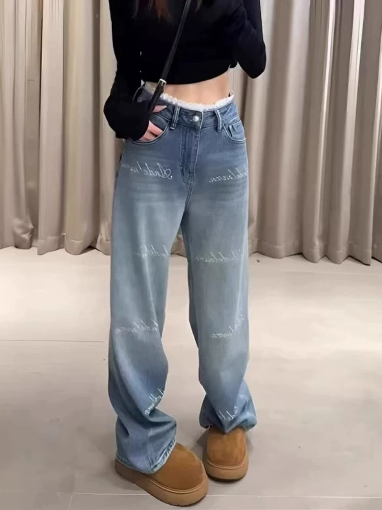 Quần jean ống đứng thêu chắp vá dành cho nữ, kiểu dáng mùa xuân mới, size lớn, cạp cao, che hông, quần ống rộng tôn dáng.