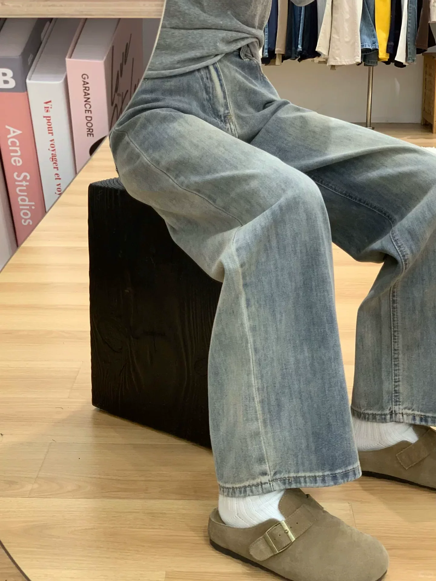 Quần jean ống đứng màu xanh cổ điển dành cho nữ, phong cách đầu thu, cỡ lớn, lưng cao, dáng rộng, tôn dáng, dáng quả lê, quần ống rộng