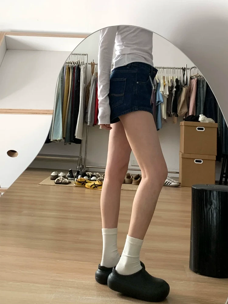 Quần short denim màu xanh đậm dành cho nữ, cỡ lớn mùa hè, lưng cao, che hông, giảm béo, dáng quả lê, quần ống rộng chữ A