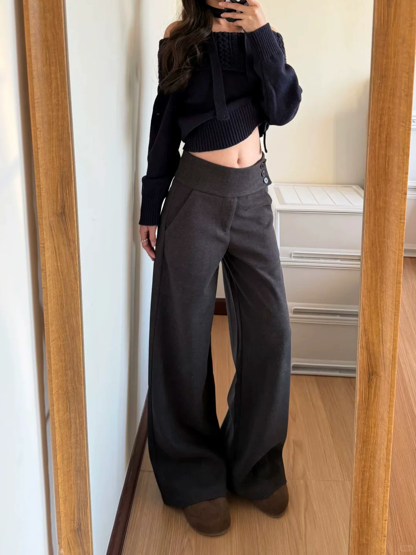 Quần âu len nữ, lót lông cừu mùa đông, dày dặn, cỡ lớn, lưng cao, dáng suôn, tôn dáng, dành cho người có dáng quả lê, quần ống rộng kiểu vest