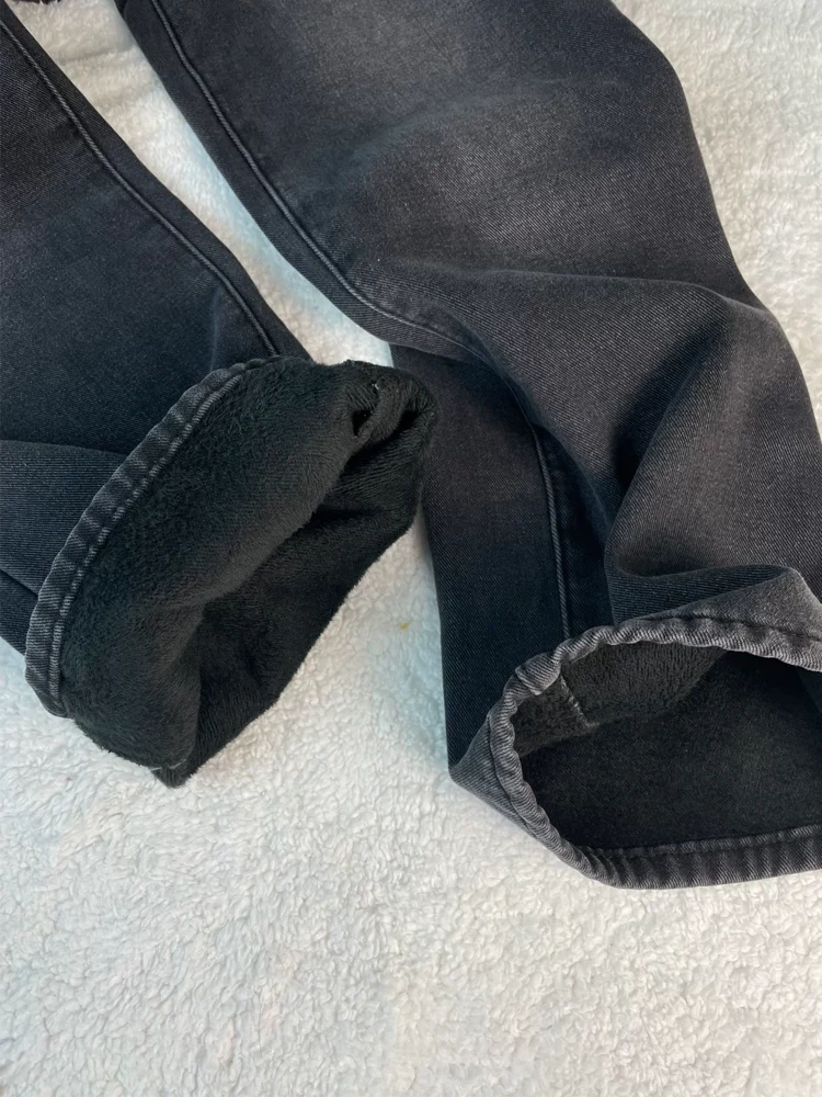 Quần jean ống thẳng dày lót lông cừu dành cho nữ, phong cách thu đông, cỡ lớn, lưng cao, dáng rộng, tôn dáng, dáng quả lê, quần ống rộng.