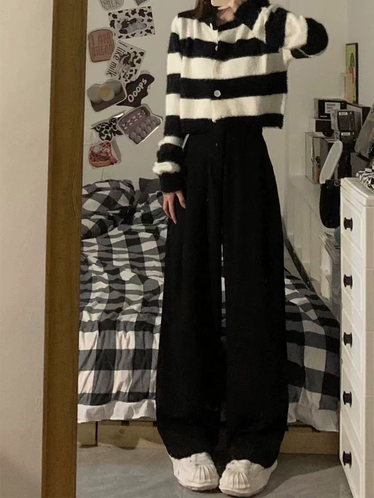 Quần tây đen nữ, kiểu thu mới, size lớn, cạp cao, dáng suôn, tôn dáng, quần thường ngày, dáng quả lê, quần ống rộng.