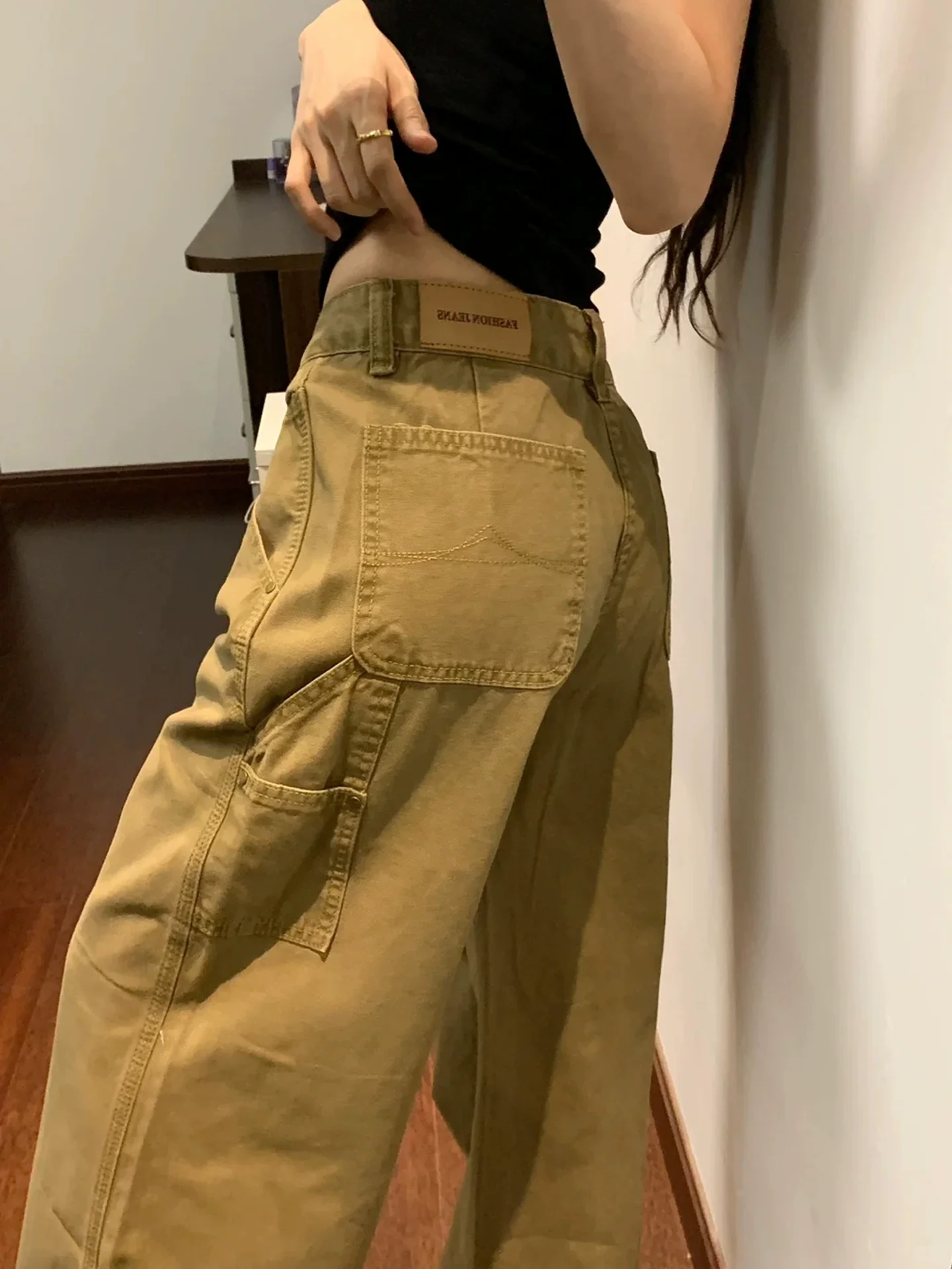 Quần jean kiểu Mỹ cổ điển màu kaki dành cho nữ, cỡ lớn mùa thu, cạp cao, tôn dáng, che hông, quần ống rộng ống thẳng