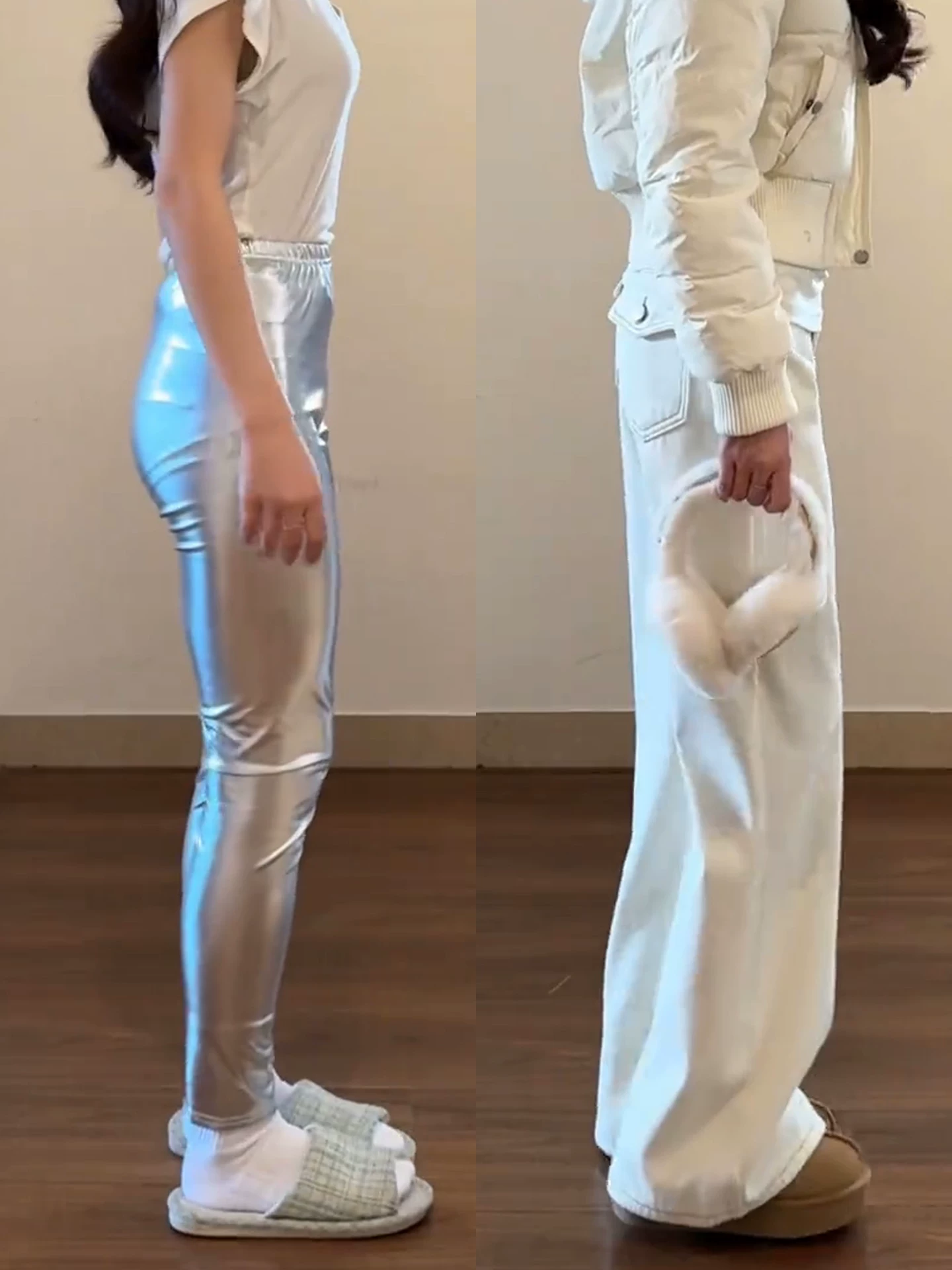 Quần jean nữ màu trắng nhạt, không bó sát, kiểu dáng loe, phong cách thu đông, cỡ lớn, lót lông cừu, cạp cao, dáng suôn, quần chuông tôn dáng.