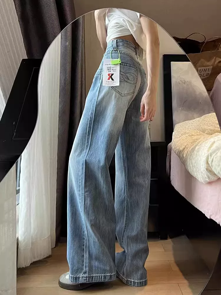 Quần jean ống thẳng kiểu Mỹ dành cho nữ, cỡ lớn, thiết kế mới đầu thu, lưng cao, dáng rộng, quần ống rộng giảm béo