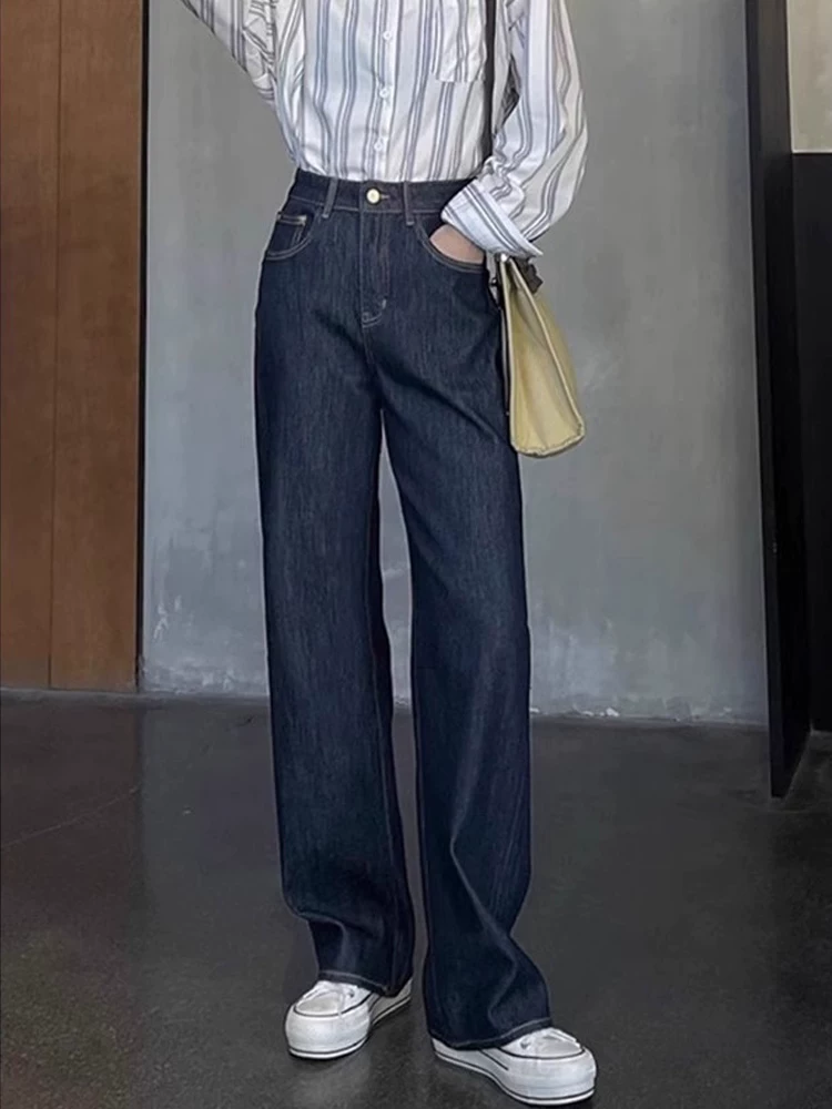 Quần jean ống rộng màu xanh đậm dành cho nữ, cỡ lớn, kiểu dáng mới mùa thu, lưng cao, dáng rộng, co giãn, giảm béo, ống thẳng, quần dài đến sàn.