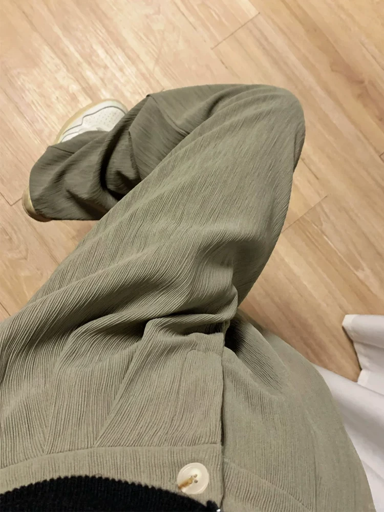 Quần âu nữ màu xanh xám, kiểu mới xuân 2025, size lớn, cạp cao, dáng rộng, che hông, quần ống rộng tôn dáng