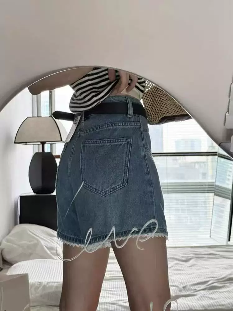 Quần short denim viền ren dành cho nữ, phong cách mùa hè, cỡ lớn, lưng cao, co giãn, che hông, giảm béo, quần ống rộng chữ A.