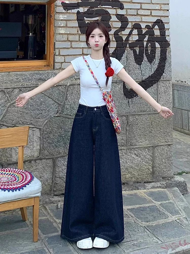 Quần jean ống rộng màu xanh đậm dành cho nữ, kiểu dáng mùa thu mới, cỡ lớn, lưng cao, dáng rộng, mềm mại, tôn dáng, ống thẳng, quần dài chạm sàn.