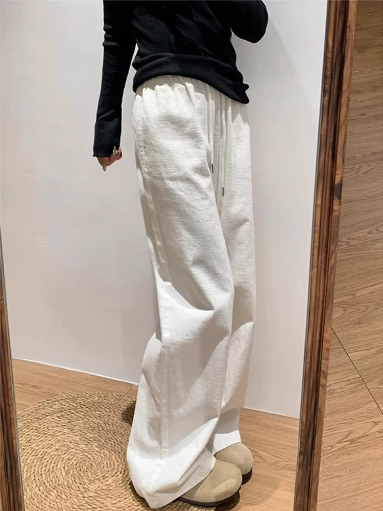 Quần ống rộng màu trắng dành cho nữ, mùa xuân hè, cỡ lớn, lưng cao, dáng rộng, giảm béo, dáng quả lê, quần ống thẳng, dài đến sàn