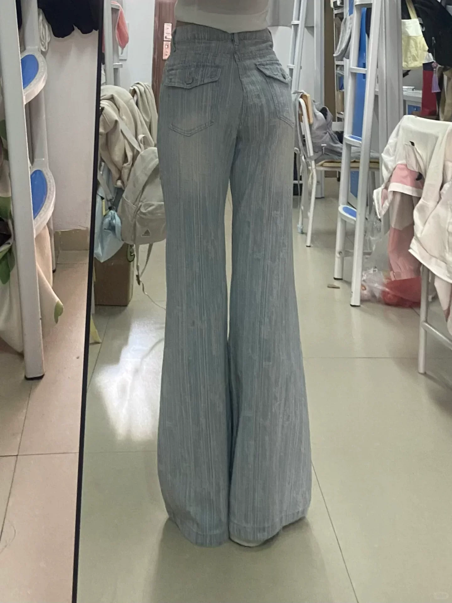 Quần jean ống loe jacquard màu sáng cho nữ, đầu thu, cỡ lớn, lưng cao, dáng rộng, giảm béo, quần ống loe