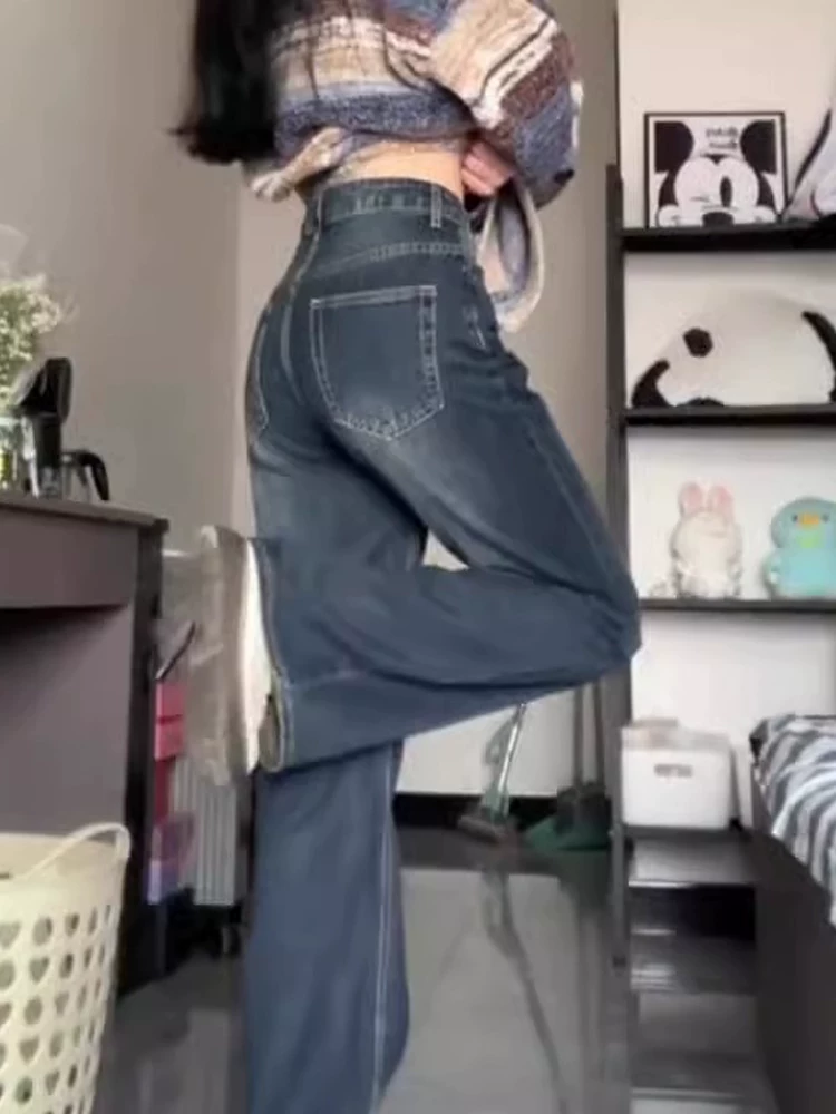 Quần jean nữ lót lông cừu, dày, không bó sát, hơi loe, mùa đông 2024, size lớn, cạp cao, rộng rãi, tôn dáng, ống rộng.