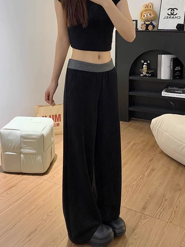 Quần thể thao nữ mùa thu 2024 kiểu mới, size lớn, plus size, cạp cao, dáng rộng, tôn dáng, phối màu, ống rộng