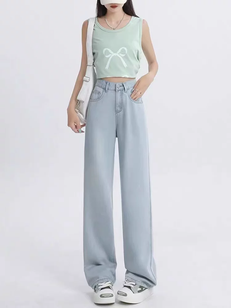 Quần jeans thẳng màu xanh nhạt chất liệu Tencel dành cho nữ, mùa hè 2025, size lớn, cạp cao, rộng rãi, mềm mại, tôn dáng, quần ống rộng