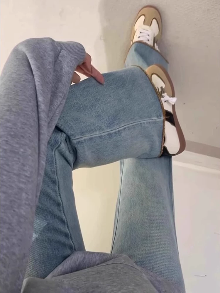 Quần jeans xanh nhạt dáng loe nữ thu đông 2024 kiểu mới, size lớn, cạp cao, che hông, tôn dáng, ống rộng, dáng chuông, dài