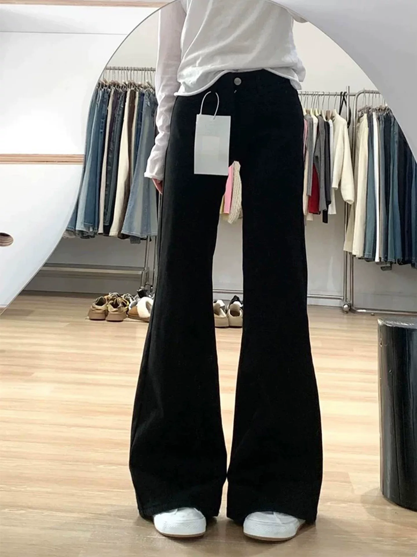 Quần jean ống loe màu đen dành cho nữ, phong cách đầu thu, cỡ lớn, lưng cao, co giãn, che hông, giảm béo, dáng quả lê, quần ống chuông