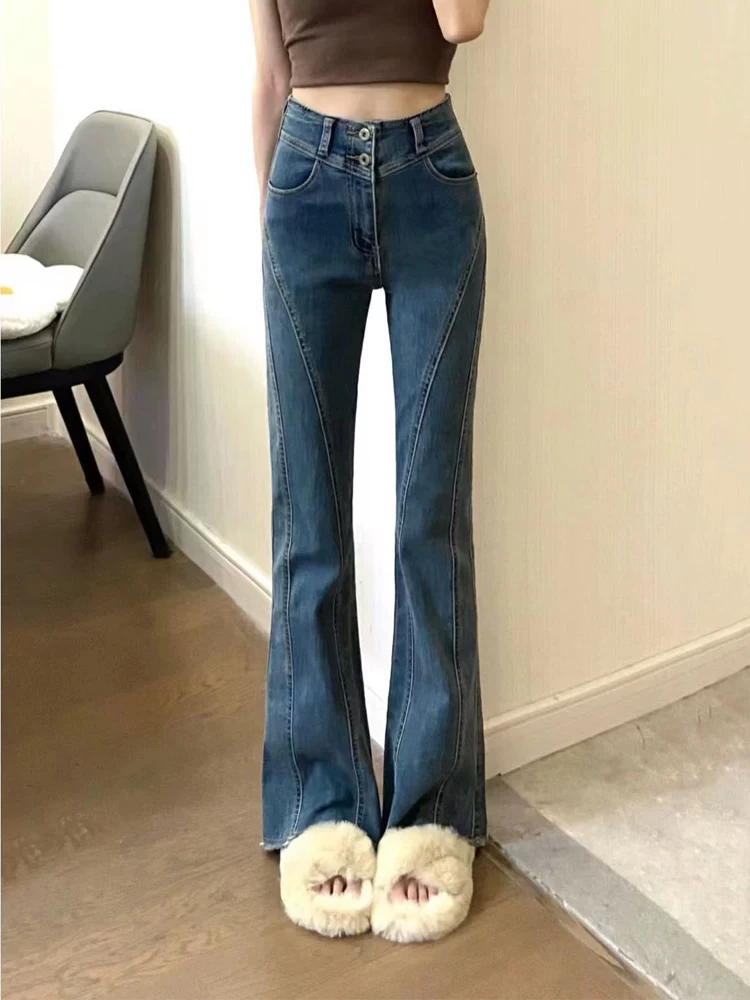 Quần jean ống thẳng dáng quả lê dành cho nữ, cỡ lớn, mặc đầu thu, lưng cao, co giãn, che hông, giảm béo, quần hơi loe