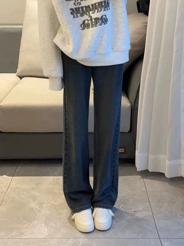Quần jeans ống đứng màu xanh xám retro Mỹ dành cho nữ, kiểu mới thu đông 2024, quần ống rộng lưng cao dáng rộng tôn dáng, size lớn