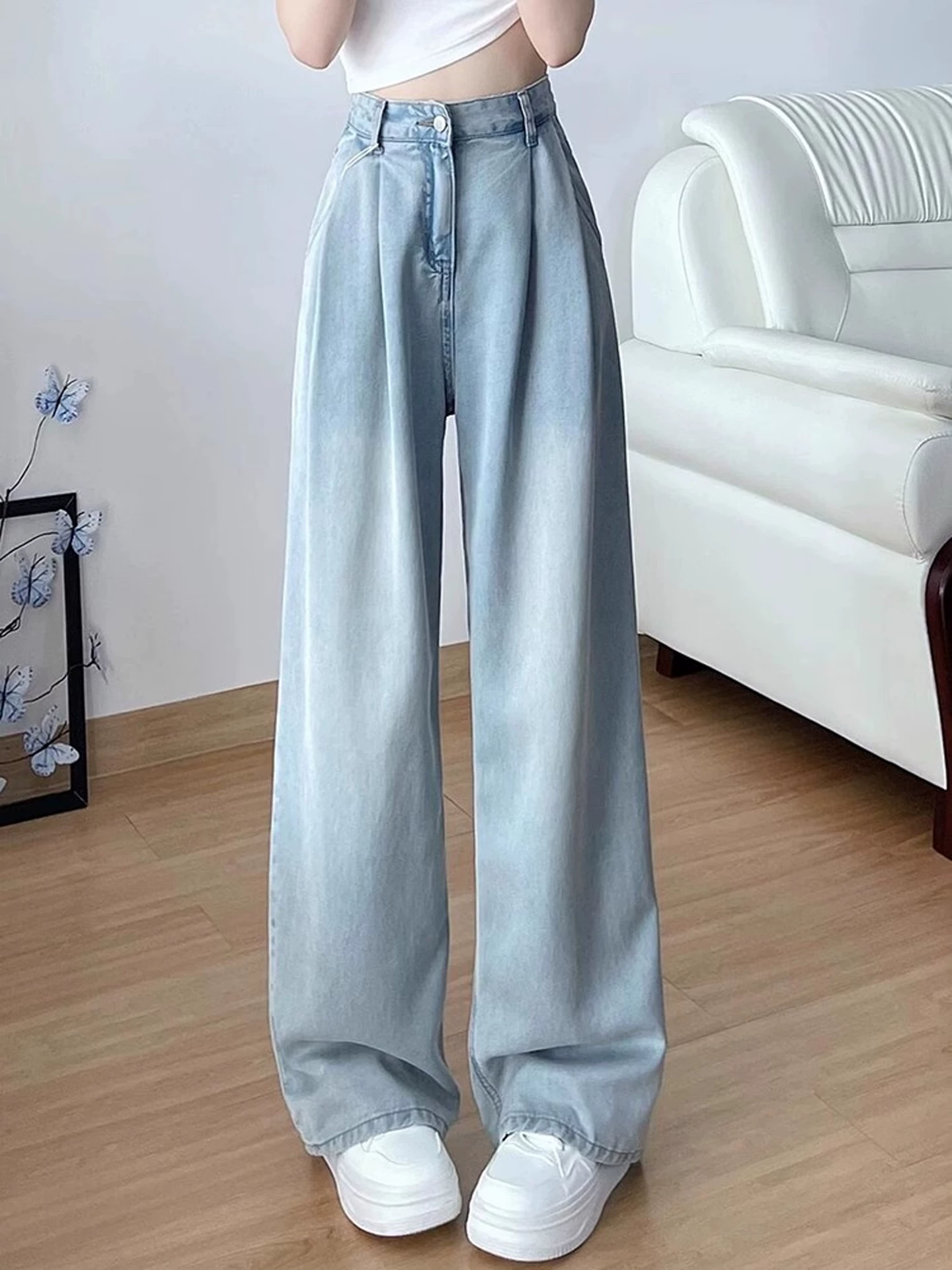 Quần jean ống đứng bằng vải lụa băng dành cho nữ, kiểu dáng mỏng mùa hè, cỡ lớn, lưng cao, mềm mại, tôn dáng, quần dài rộng ống Tencel