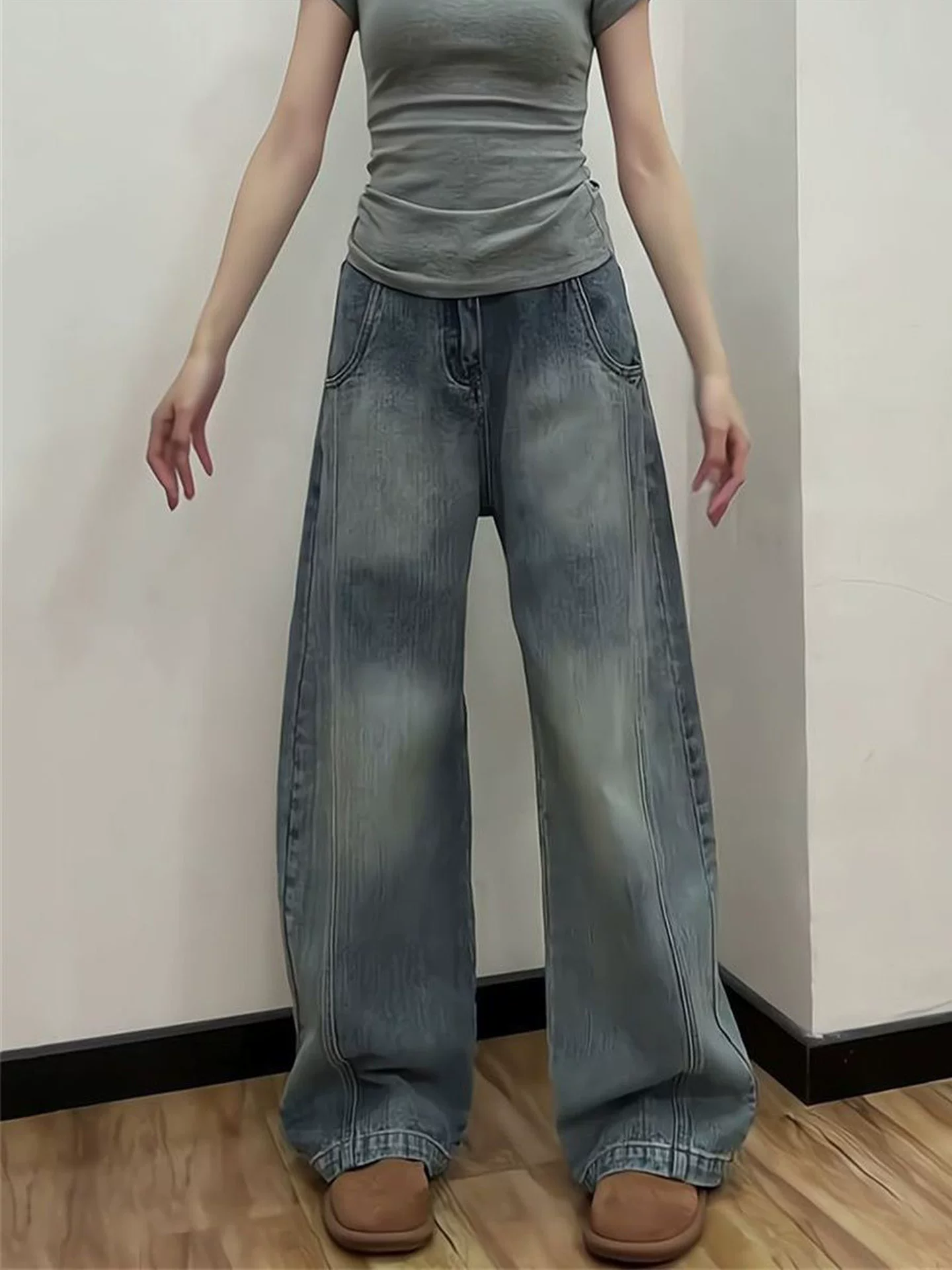 Quần jean ống đứng cổ điển dành cho nữ, phong cách mùa thu mới, cỡ lớn, lưng cao, dáng rộng, thon gọn, nhỏ nhắn, quần ống rộng cong.