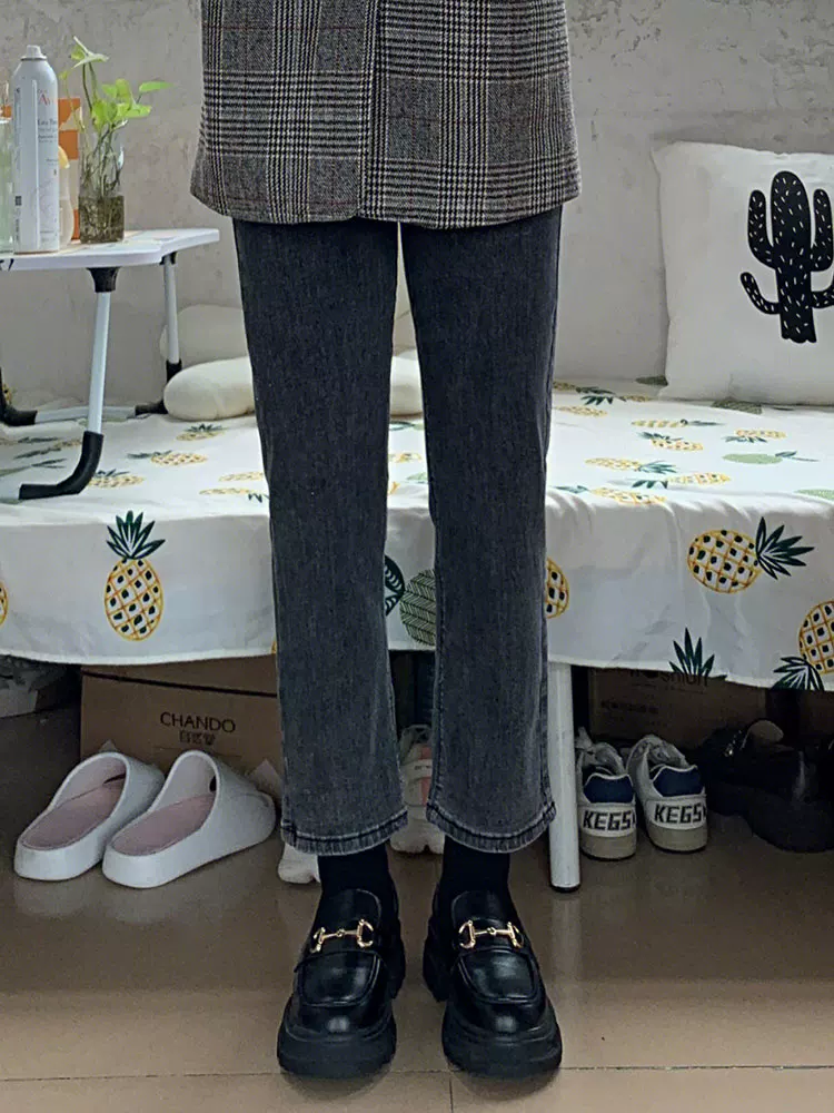 Quần jean ống đứng dáng quả lê dành cho nữ, phong cách đầu thu, cỡ lớn, lưng cao, giảm béo, nhỏ nhắn, quần thuốc lá ống lửng.
