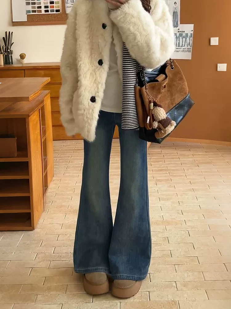 Quần jean nữ ống loe cạp cao cổ điển, size lớn, lót lông cừu, co giãn, tôn dáng, quần ống chuông, quần ống loe giữ ấm mùa đông.