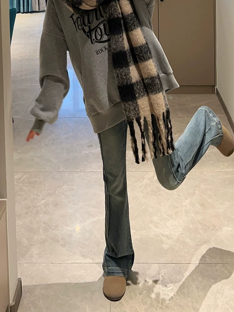 Quần jean ống loe màu xanh cổ điển dáng quả lê dành cho nữ đầu thu cỡ lớn quần ống loe cạp cao co giãn che hông quần ống loe thẳng