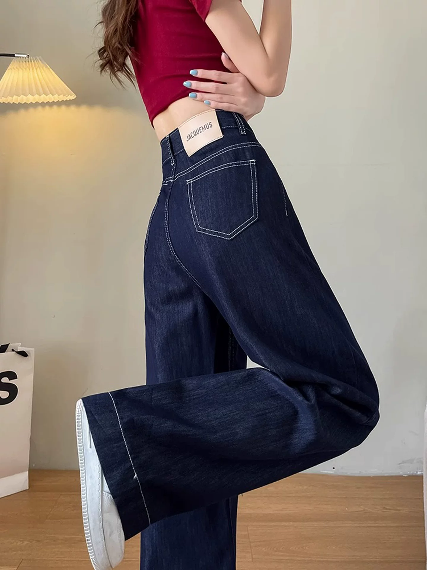 Quần jeans ống rộng Tencel nữ, hè 2025, mỏng, size lớn, cạp cao, tôn dáng, mềm mại, dáng thẳng, chất liệu lụa đá