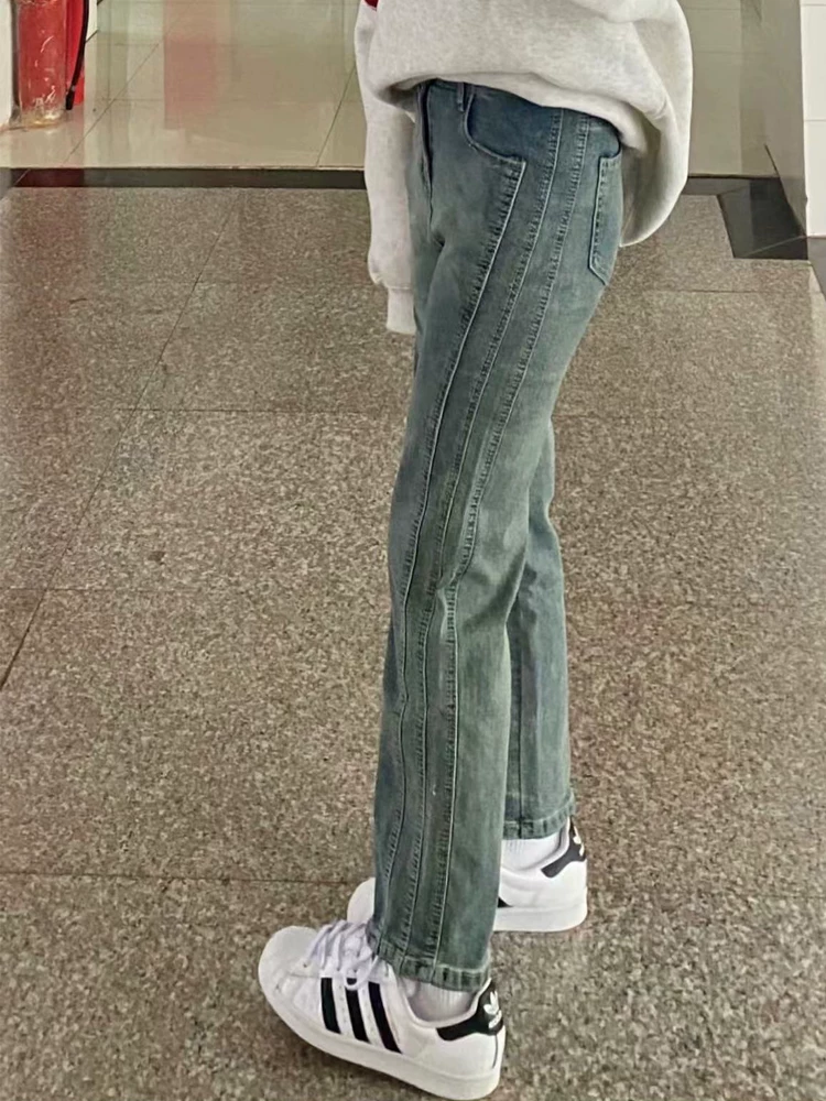 Quần jean ống đứng dáng quả lê dành cho nữ, cỡ lớn, phong cách mới đầu thu, quần ống đứng co giãn cạp cao che hông kiểu dáng nhỏ nhắn