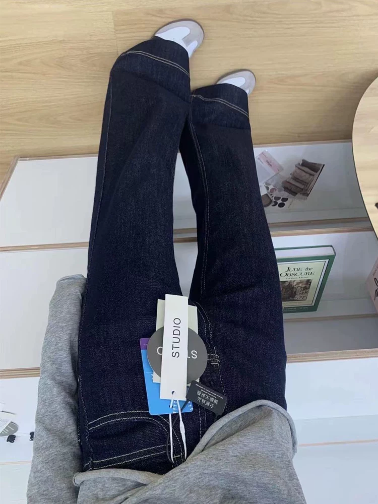 Quần jean ống thẳng màu xanh denim dành cho nữ, kiểu dáng mùa thu mới, cỡ lớn, lưng cao, dáng rộng, mềm mại, tôn dáng, quần ống rộng hẹp.