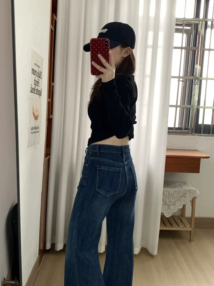 Quần jean ống loe lưng cao dành cho nữ, mùa thu đông, cỡ lớn, lót lông cừu, dày dặn, co giãn, che hông, giảm béo, không bó sát, quần ống chuông.