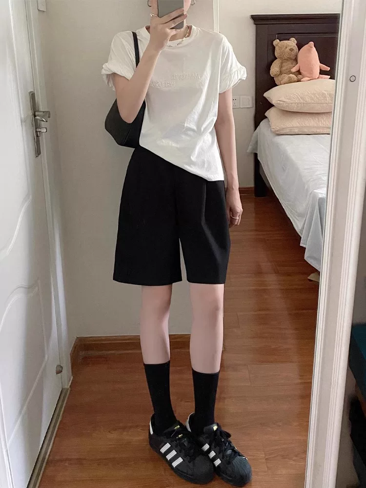 Quần short dáng lê dành cho nữ, size lớn mùa hè, cạp cao, dáng rộng, tôn dáng, ống rộng, quần dài trung bình, kiểu dáng thường ngày.