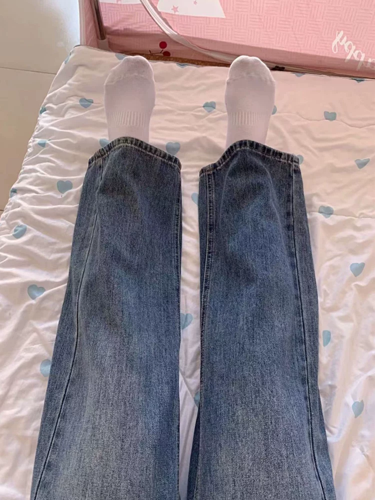 Thân hình quả lê, hông và đùi dày, quần jean ống thẳng cho nữ, phong cách đầu thu, cỡ lớn, lưng cao, rộng rãi, giảm béo, quần ống rộng