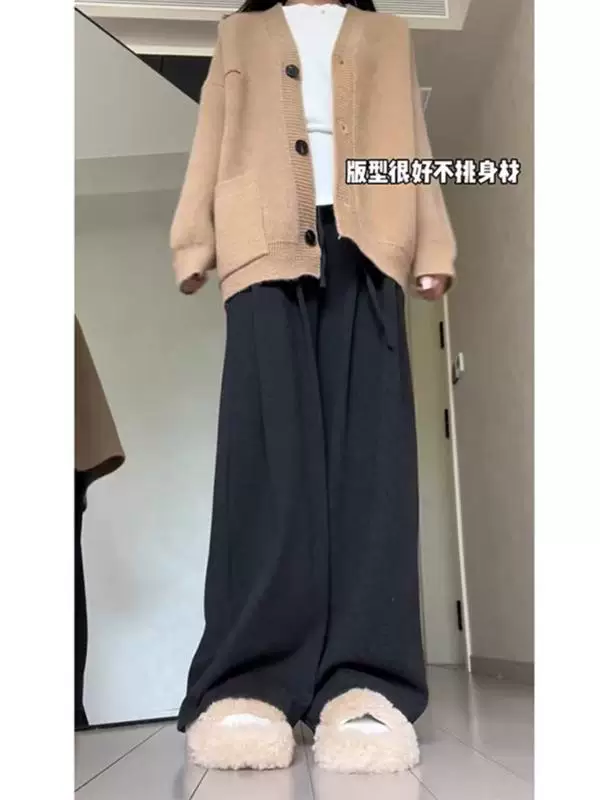 Quần thường ngày màu xám đậm dành cho nữ, phong cách đầu xuân, cỡ lớn, lưng cao, dáng suôn, tôn dáng, phong cách lười biếng, quần ống rộng dài chạm sàn.