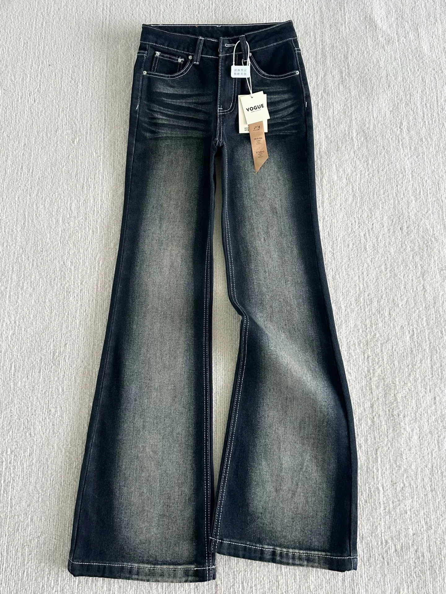 Quần jean ống loe màu xanh xám cổ điển của Mỹ dành cho nữ, mùa thu đông, cỡ lớn, cạp cao, co giãn, che hông, quần ống loe lót lông cừu