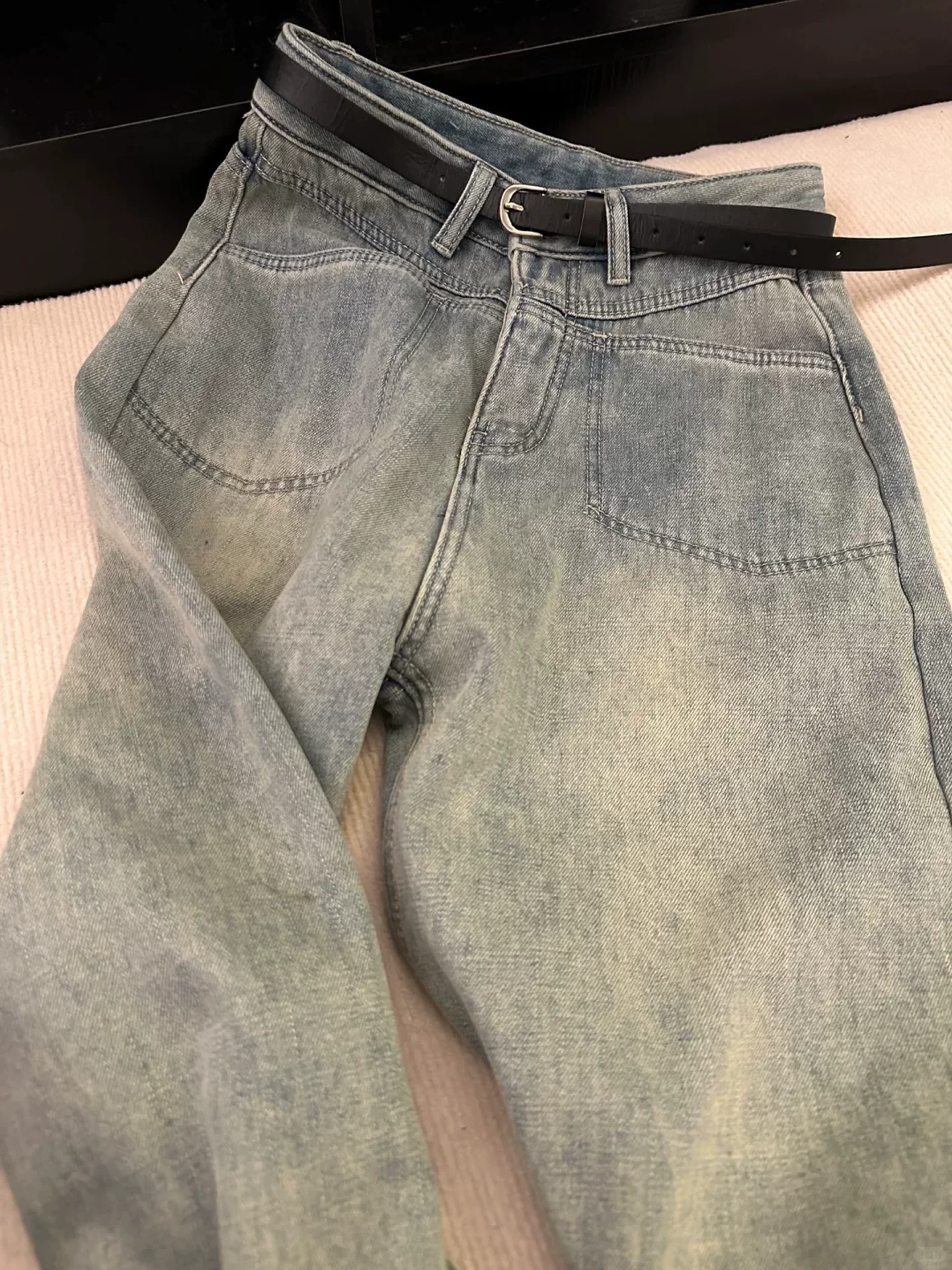 Quần jean ống thẳng dày lót lông cừu màu xanh nhạt dành cho nữ, mùa thu đông, cỡ lớn, lưng cao, dáng rộng, dáng suông, quần dài rộng, dài đến sàn.