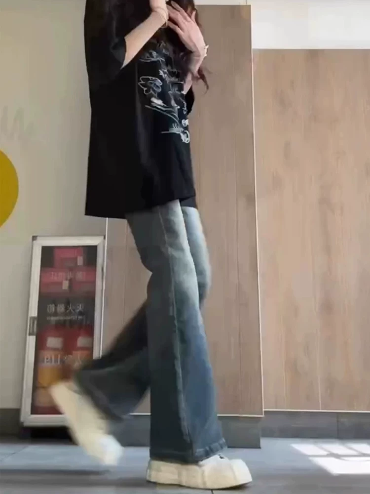 Quần jean ống đứng dáng chữ lê kiểu retro dành cho nữ đầu thu, size lớn, cạp cao, co giãn, tôn dáng, kiểu bootcut