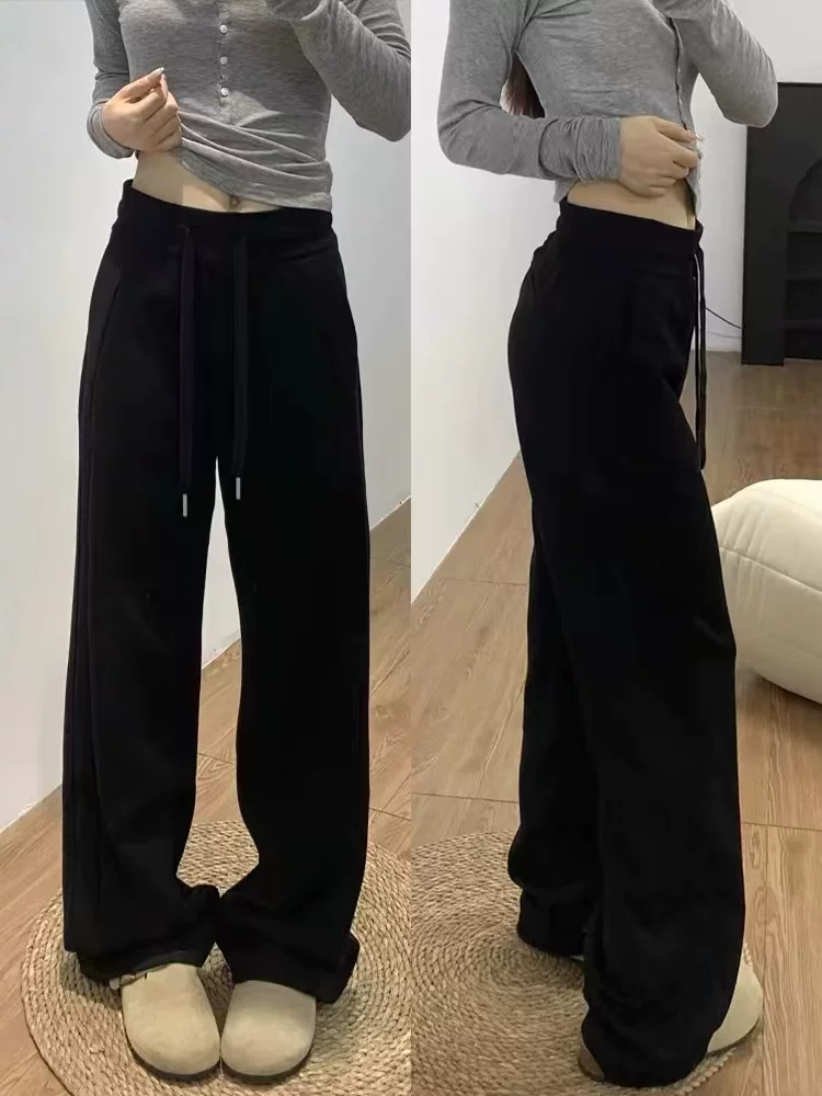 Quần thể thao màu xám carbon dành cho nữ, mùa thu đông, cỡ lớn, cạp cao, quần ống rộng dáng thẳng, quần dài dáng rộng, thoải mái.