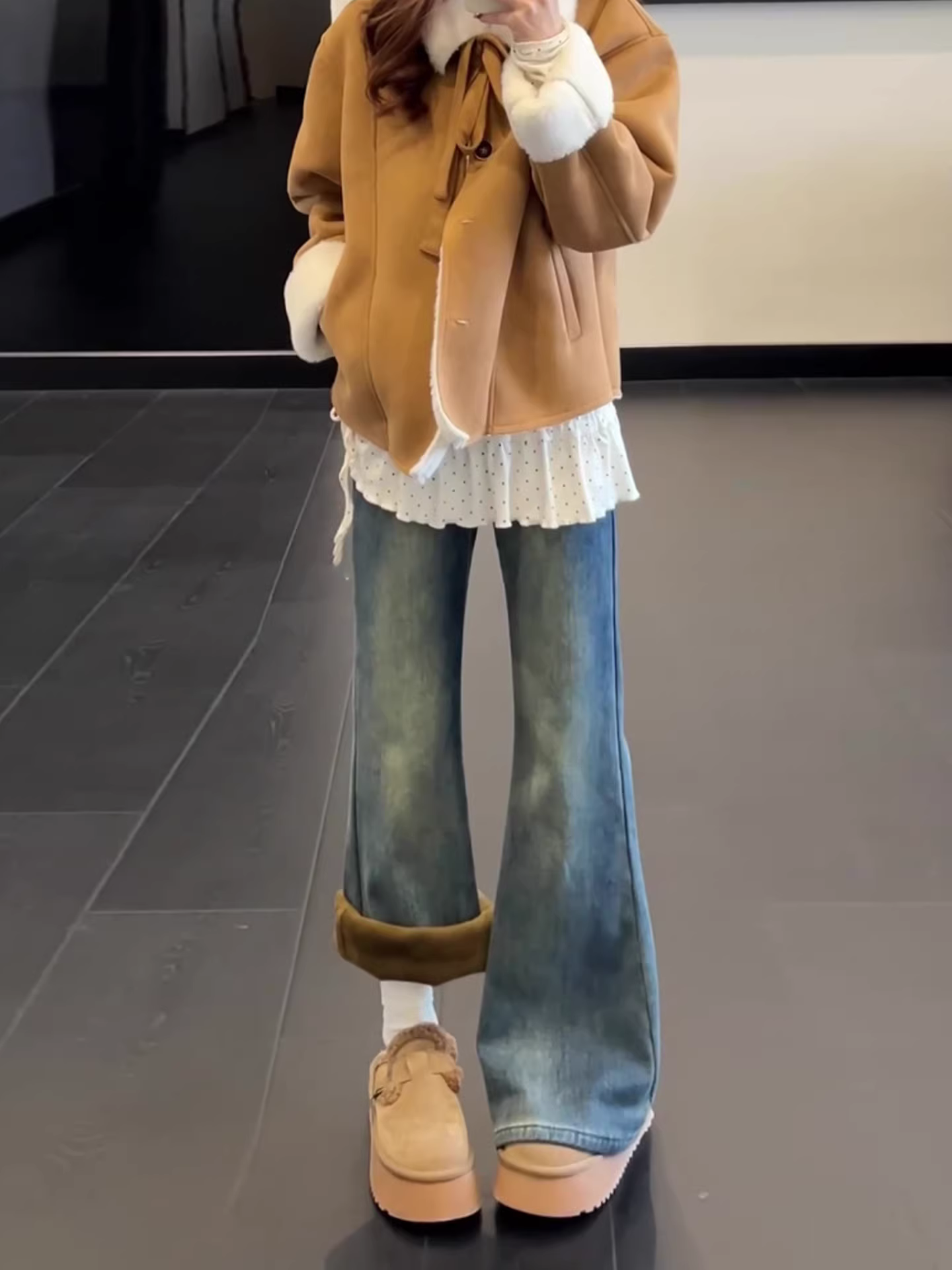 Quần jean ống đứng loe dành cho nữ, lót lông cừu mùa đông, dày dặn, cỡ lớn, cạp cao, co giãn, che hông, dáng quả lê, quần ống loe